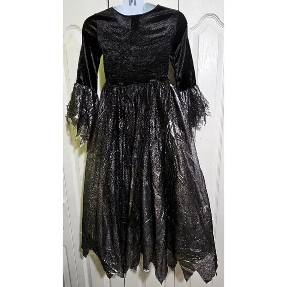 Gothic Witch Costume Girls 8-10 Dress Hat Veil Dark Bride Velvet Lace Halloween - Picture 2 of 7